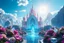 Placeholder: beautiful cosmic cristal house in the futur city, flowers fantasy, crystal city crystalline in the sky, renderin, room, cosmic, opalescent, 100mm, opalescent, gemstones, crystals, object, other worldly, water, cristal rock, bright, ice backg, portrait of a crystalised blue pink queen, atmospheric, realistic, unreal engine, lighting, octane render. a beautiful magic castle, a large garden with beautiful multicolored flowers, a beautiful fountain, a beautiful blue sky with sun, hig