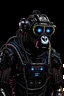 Placeholder: realistic cyberpunk style geometric robot gorilla wearing rectangular goggles and a high tech cybersuit with various wires lights and doodads made of reflective black plastic rusted metal and discarded electronic parts looking up into the sky in harsh high contrast lighting from the top