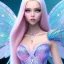 Placeholder:  beautiful, soft, whide smile face,whole head, long blonde straight hair, blue eyes, fairy wings on the back, transparent crystal blue and pink clothes, background blue and pink, big definition, 8K