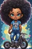Placeholder: create an pop punk illustration of a chibi cartoon voluptuous black female wearing a blue jean outfit with a tie dye tshirt with biker boots. Prominent make up with hazel eyes. Extremely highly detail of a tight curly black and shiny afro. Background of a bike show