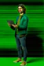 Placeholder: Modern guy, 20s, holding laptop, hand lower, looks like a renaissance painting, "standing forward", full body, green jacket