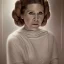 Placeholder: hyperspace background, complete and photo realistic detailed head to waist stunning photo realistic portrait of carrie fisher as Princess Leia in star wars with photo realistic minimal updo hair by Mandy Jurgens and mucha and Richard Schmid and chuck close and chie yoshii, extraordinary and detailed ceremony dress of star wars,brown eyes