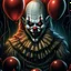 Placeholder: 150mm Cinematic intricate photograph, Pennywise the clown from IT movie, big head, (an evil bloodthirsty grin on face), ((sharp teeth)), standing, partially surrounded by balloons, creepy light and atmosphere of horror and fear around, highest details, Nima Neemz Nakhshab movie poster