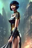 Placeholder: full body picture of a woman with a bob, a fringe hairstyle, Cleopatra clothing futuristic steampunk, city background