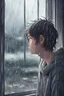 Placeholder: sad teenager looking at window while raining anime style