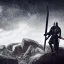 Placeholder: Man standing. Heavy armor. Sword in hand. Dark theme. Medieval castle. Raining cold.