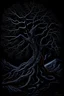 Placeholder: Acrylic painting of a thin twisted tree bent by the wind, roots twisting around rocks and hanging down, dark background, surrealistic atmosphere, moonlight, highly detailed