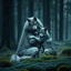 Placeholder: digital art from anthropomorphic wolves family, one gray bodyhair anthro wolf female hugs her two anhtro wolf child on field, in background tall trees wirh big trunks, rain, down on blue-green moss, hug each other , rainy day, high contrast, high detalied, atmospheric, dark fantasy, sci-fi mood