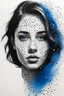 Placeholder: A realistic drawing in negative space black ink on white background of a beautiful girl with high density blue and black ed dots enhance her face max enrist