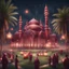 Placeholder: Hyper Realistic areal view of beautiful maroon mosque with people celebrating outside with garland lights & sky lanterns at rainy night with palm trees & grass patches