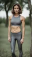 Placeholder: photography of a beautiful anorexic woman, grey satin triathlon top, sports illustrated, brunette short wavy bob haircut, pronounced sternum, flat chest, anthracite short leggins