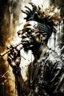 Placeholder: A ultra realistic poster of an African with dark glasses guy playing the trumpet having word sign as “street art ”, by Daniel Castan Carne Griffiths Andreas Lie Russ Mills Leonid Afremov, black background, fine lines draw, smile, standing in the temple