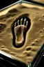 Placeholder: an alien's close up footprint lodged within sand in a neat, square display glass box, "Alien" engraved on small label outside of the box, realistic and highly detailed, 8k