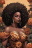 Placeholder: Create an comic book art image of a curvy black female wearing a brown off the shoulder blouse, and she is looking down with Prominent makeup. Highly detailed tightly curly black afro. Background of large brown and black flowers surrounding her