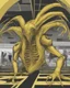 Placeholder: Distorted large yellow insectoid alien black eyes, in a mall, sci-fi art, graphic design, digital illustrated scene, alien art, high strangeness, absurdist, cartoonists