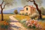 Placeholder: Sunny day, flowers, spring, countryside, dirt road, mountains, distant adobe house, trees, rodolphe wytsman and henry luyten impressionism paintings