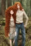 Placeholder: Jeune couple, visage hyper détaillé, réaliste. Forêt fantaisiste détaillée,paysage magnifique, Fille rousse aux cheveux raides et longs, garçon grand, musclé très longs cheveux bruns très bouclés. Fille jean pull, garçon tenue de bûcheron.