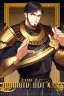 Placeholder: A handsome 30 year old knight, black hair, male bob haircut, in black-and-gold plate armor, golden katana in both hands, no beard, european, proper arms