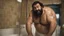 Placeholder: two ugly muscular chubby arab 45 years old similar to bud spencer, very detailed, full figure shot, very realistic photography, dim light, view from below, tiled restroom, tattoo, masculine bearded, white substance dripping from beard, with glue stuck to and dripping from beard,, , mature barely burly bearded muscled and robust