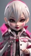 Placeholder: A close picture to blind cute vampire with white and pink short hair, slave, Tusks, malicious smile, Handcuffs, Weapon handcuffs in Stop-motion animation model with dynamic art style witg