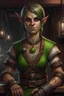 Placeholder: Dungeons and dragons She is an orc. She has green skin. She is kind. She is handsome. She has nice eyes. She has short hair. She is strong. She is in a tavern. She has broad shoulders. She has a large jaw. She wears casual peasant clothes. Realistic style