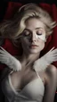 Placeholder: A blonde girl in her twenties, with white wings, and a red bandage over her eyes. She sleeps on a luxurious black carpet. Cinematic photo from above.