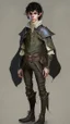 Placeholder: a teen elf. he has curly, black hair and sharp cheekbones. His eyes are black. He wears fantasy medieval clothes. he is lean and tall, with pale skin. full body with boots