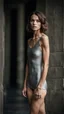 Placeholder: beautiful anorexic woman, total shot, short silver triathlon swimsuit, short brunette wavy bob hair, blurred concrete background