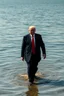 Placeholder: donald trump walking on the surface of water dressed in gold frontal view