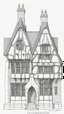 Placeholder: technical line drawing of the front elevation of a tall, narrow, warped, fantasy Tudor building, with twisted chimneys, rooms and floors added to sides and roofs, like the warren.