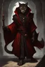 Placeholder: Male khajiit with grey fur and Hazel eyes wearing blood red and black robes in a fantasy setting, sorcerer of death