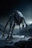 Placeholder: I want an image of a eight legged mechanical walker mech scaling the side of mout everest at night, it has a smooth surface, it has storage pods on its belly human can fit in the pods, it is covered with camera arrays