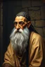 Placeholder: master oil painting by Rembrandt, realistic rendering Portrait of the Apkallu sage who were sent by the god Ea to teach civilization to humanity before the flood. They were depicted as half-human and half-fish or bird, and were associated with wisdom, magic, and culture. blurred stone tile pattern background, brightened edges to give a sense of depth
