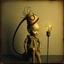 Placeholder: scrapbook image exhibiting the qualities of minimalism and nihilism, with a sense of unsettling beauty. The aged, creased, and grainy image reflects dull colors exacerbating the atmospheric gloom. unusual juxtapositions - a fantastical biomechanical umbillis evolving into an charasmatic porcelin doll with the head of a lightbulb. Elements within the artwork evoke a sense of jaundice, suggesting an overarching theme of existential fragility. This image is a nod to the thought-provoking surrealist