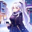 Placeholder: girl, masterpiece, best quality, volumetric lighting, detailed outfit, perfect eyes, long hair, white hair, purple eyes, snowing, winter clothes, smiling, street, ponytail, hairclip, earring, hair between eyes,