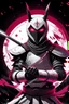 Placeholder: The character, depicted in a striking white armour against a dark wintry backdrop with accents of pink, stands prominently within the scene, accompanied by a red and black circular symbol of significance, a black pointed spear with a red handle. His eyes are showing a dynamic yet menacing expression and he wears a black oni mask with white teeth covering the bottom part of his mouth he has brown shoulder pads and a white karate belt with a bag attached to it. He has dark brown hair, no helmet.