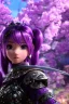 Placeholder: Detailed cute anime Kunoichi girl, purple hair buns, purple bangs, black latex bodysuit, intricate details, full body portrait, keep head in frame, slight smile, black Japanese motif, concept art, highly detailed, digital painting, concept art, sharp focus, illustration, art by Yoji Shinkawa, WLOP and greg rutkowski and alphonse mucha and artgerm and yanjun Chen and Junji ito and Makoto Shinkai, HDR, octane render