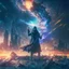 Placeholder: post apocalyptic space sorcerer casting spells, explosion behind, destroyed city, night starry sky, epic cinematic fight scene, 8k resolution, photorealistic, ultra detailed, macro photography