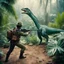 Placeholder: 35mm film photography, [photorealistic art] a hunter with a rifle aiming at a Chilesaurus diegosuarezi. the boys in the jungle, high detail, vintage pellicule, film effect, dramatic dutch light