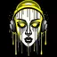 Placeholder: Highly detailed ink drawing of a beautiful men, dripping 3d gold from her eye's and he's mouth, black background, logo design, mascot, gaming podcast, headset