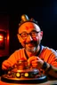 Placeholder: Portrait of a man with a radio helmet on his head. Wearing glasses. A small beard of pepper and salt. He is bald. White. He is a metal fan and smiles. Flames surround him. In the background, a robot gives him a finger.