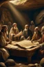 Placeholder: Several Christian priests of the 1st century AD are sitting in a cave and actively arguing and gesticulating, each holding a scroll of Ancient Scripture, on a wooden table in front of them there are many ancient scrolls, all painted with oil paintings in high resolution, in 8k.