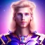 Placeholder: smiling beautiful long hair blond man face with small cristal diadem on the forehead , cosmic armor and cosmic purple and blue sky behind