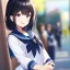 Placeholder: Clear focus,High resolution, Anime girl wearing a sailor uniform at school, laughing, blurry background, classmates in the background, Really Short black hair, Purple eyes