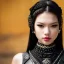 Placeholder: beautiful young asian queen with black leather studded armor, delicate black braided hair, glass eyes, highly detailed, 8k, ambient light, taylor swift