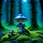 Placeholder: "Close up of a wonderful tiny Mushroom Tower home. indigo and blue with bright white, deep black and contrasting tones of gray. Illuminated bioluminescent forest. Professional painter, master at composition. small but detailed. broken, blurred background, voluminous lighting"