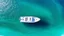 Placeholder: A small white boat anchored in the center of a large, swirling whirlpool of turquoise and azure ocean water, aerial view during a summer day with sunlight glimmering on the surface., high detail, split gradient colors background, cold light tones, blue tones, flash light