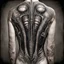 Placeholder: Bad tattoo, back alien tattoo in style of H.R. Giger reading "NO REGERTS", text, photorealistic, by Joel-Peter Witkin