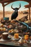 Placeholder: abstract and obsurt scene of an astraunot in the desert drinking tea at a round table, an ice cream stand in the background, broken tricycle,.dead fish, black crow, a cow and a skull, hyper realistic, 8k quality, striking colours, chaos80,