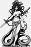 Placeholder: detailed persona, female, sword in hand, gorgon medusa, half turn, full height, leans on one leg, snakes on the head instead of hair